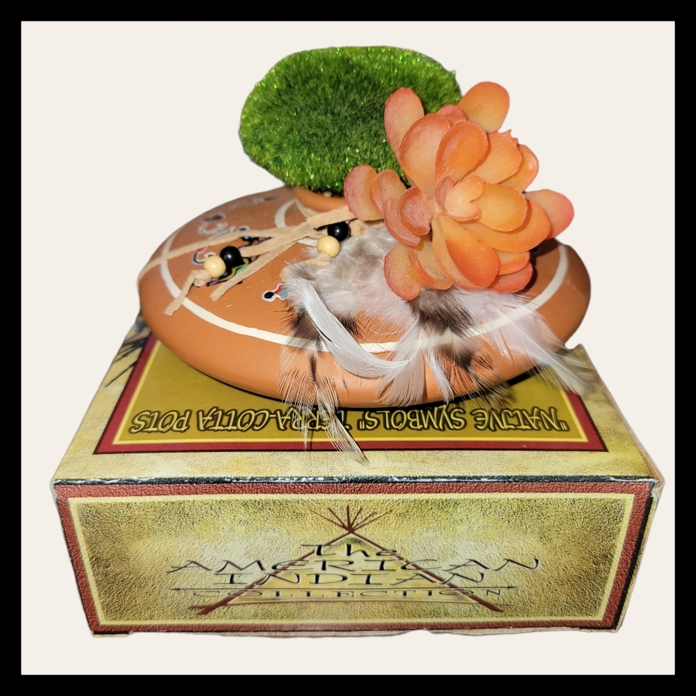 New Native Symbols Lizard Terra Cotta Pot Leather Feather Accent Sage Holder